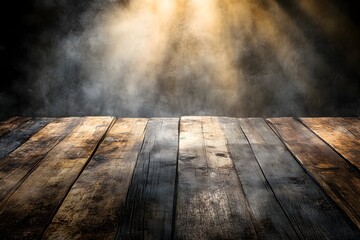 Wall Mural - Rustic wooden table, smoky backdrop, spotlight, product display