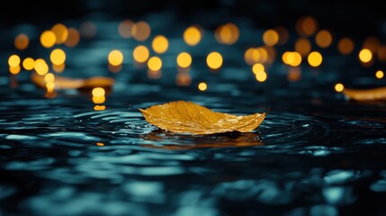 Canvas Print - Golden leaf floats on dark rainy puddle, bokeh lights