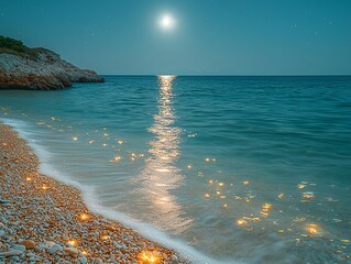 Wall Mural - Moonlit beach stones and swirling golden sand sparkle in the green sea