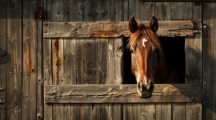 Wall Mural - Horse curiously peeking out from a rustic wooden shed in natural light