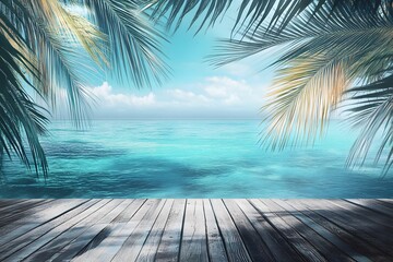 Wall Mural - Tropical beach boardwalk, ocean view, palm trees, summer vacation