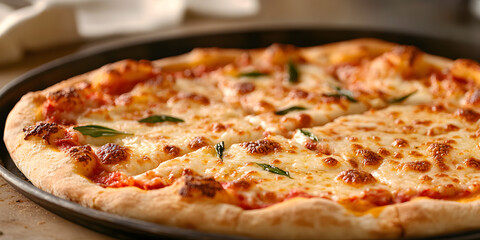 Delicious cheese pizza freshly baked with golden crust and basil leaves at a cozy restaurant setting