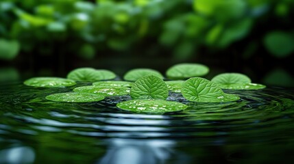 Sticker - Green leaves on water, tranquil forest background