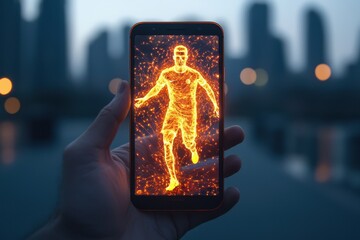 Wall Mural - Vibrant Smartphone Displaying Fiery Soccer Player in Urban Setting