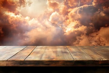 Wall Mural - Wooden table sunset cloudscape backdrop