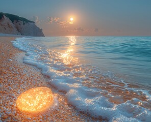 Wall Mural - Moonlit beach stones and swirling golden sand sparkle in the green sea