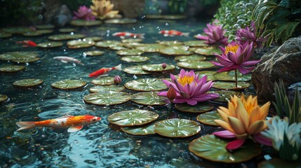 Wall Mural - Serene Water Garden with Colorful Koi Fish Swimming Among Vibrant Lotus Flowers and Lush Greenery