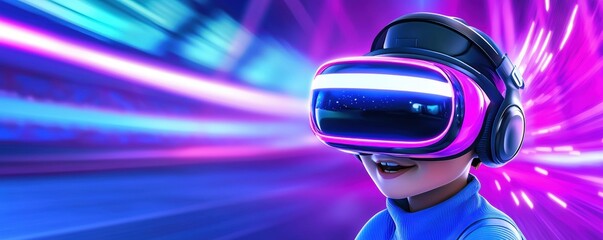 Wall Mural - A young person wearing a VR headset enjoys an immersive experience, surrounded by vibrant, colorful lights and futuristic effects.