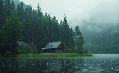 Wall Mural - A house in the middle of a lake, rain falling on a green forest background, heavy rain, a little bit windy