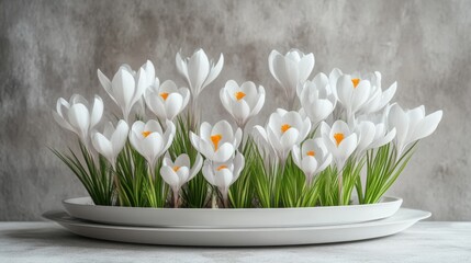 Canvas Print - A group of blooming white crocuses in a serene and bright spring setting.