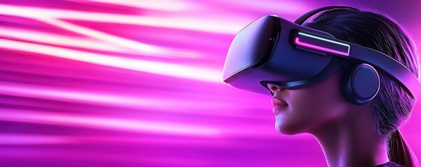 Wall Mural - A person wearing a VR headset is immersed in a vibrant, futuristic environment, highlighted by dynamic purple light and digital effects.