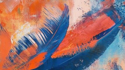 Canvas Print - Abstract composition featuring close-up orange and blue feathers with a contrasting background, emphasizing color vibrancy