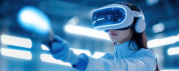 Wall Mural - A person wearing a VR headset interacts with a glowing object, immersed in a futuristic digital environment.