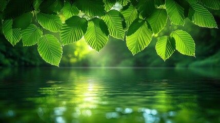 Canvas Print - Lush forest leaves over calm water