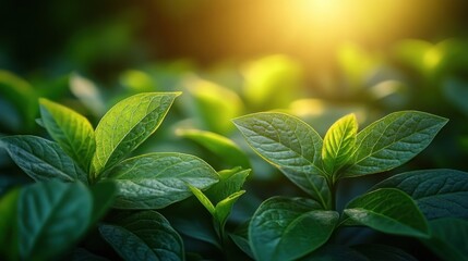 Sticker - Lush green leaves in sunlight, nature scene