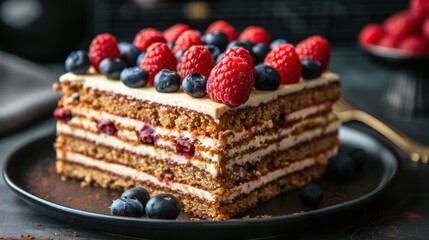 Wall Mural - A close-up of a slice of cake topped with luscious raspberries and blueberries, showing off the delicious layers of cream and sponge cake on a plate.