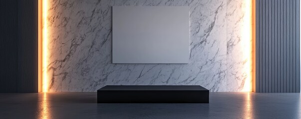 High-end interior design with a blank media screen on an elegant marble feature wall, minimalist black coffee table, warm LED strip lighting, and refined aesthetics