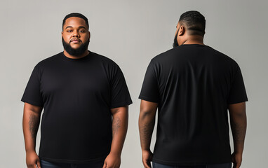 Wall Mural - A plus-size male model wearing a black t-shirt, shown from both front and back perspectives, used as a design template mockup