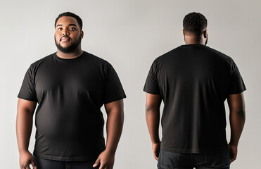 Wall Mural - A plus-size male model wearing a black t-shirt, shown from both front and back perspectives, used as a design template mockup