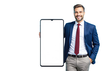 Wall Mural - Smiling businessman in blue suit holding oversized smartphone with blank screen on white background. Concept of technology, mockup, presentation. Ai generative