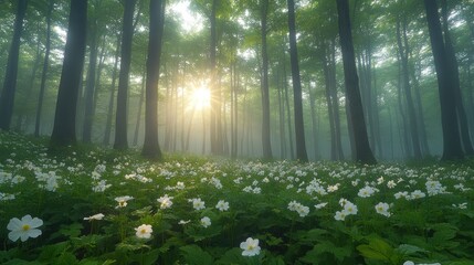 Wall Mural - Misty Forest Floor Blooms Sunrise