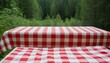 © Adobe worker  - White and red checked fabric on empty table with forest background with space for your product,Classic red and white checkered tablecloth beckoning outdoor dining in sun-dappled verdant meadow,12
