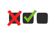 © Marina - Check Mark and Cross Symbol Set. Hand drawn vector illustration of vote and choice signs on black square checkbox.