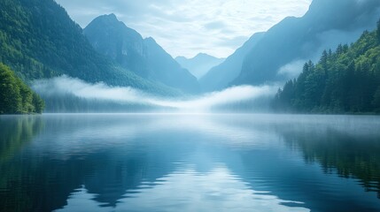 Poster - Misty Mountain Lake Sunrise Reflection