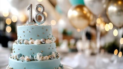 Elegant 18th birthday cake celebration with balloons and decorations