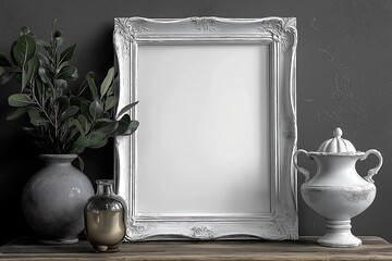 Blank ornate white frame on a rustic wooden surface against a dark wall, surrounded by elegant vintage decor and vases, perfect for mockups