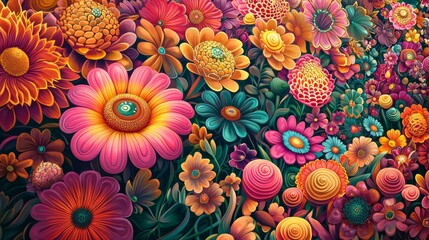 Wall Mural - Vibrant Floral Arrangement with Colorful Flowers in Various Shapes and Sizes Capturing the Beauty of Nature in Full Bloom