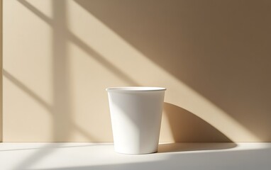 Canvas Print - Empty paper coffee cup on white surface, sunlit, minimalist background. Suitable for coffee shop promotion or mockup