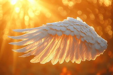 Wall Mural - soft white angel wing glowing in golden sunlight, ethereal warm background, symbolic of purity, fait