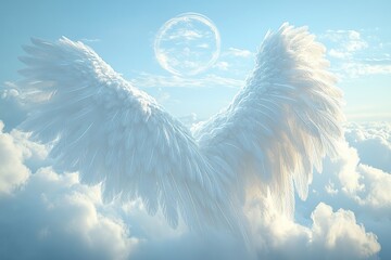 Wall Mural - massive angel wings covered in soft, pure white down, each feather ruffling slightly in gentle breez