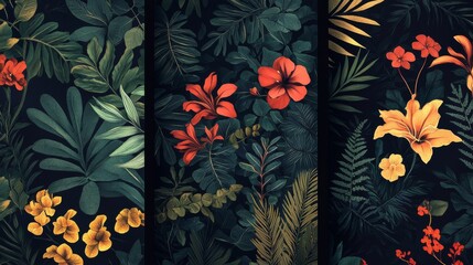 Wall Mural - Vibrant Tropical Floral Pattern with Bold Colors and Rich Foliage in a Dark Background