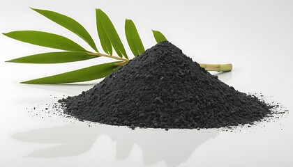 Charcoal with powder and bamboo leaf isolated on white background,Bamboo activated charcoal stick, green leaf and coal powder isolated on white background,12354