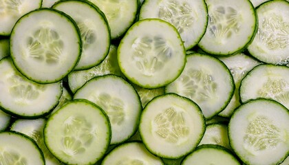 Fototapete - Close-up of thinly sliced cucumber rounds, emphasizing their smooth texture and light green color. Ideal for healthy food, salads, or vegetable concepts. Texture, background.
