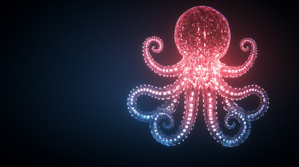 Wall Mural - luminous bioluminescent octopus glowing with red and blue light on a dark and mystical deep sea back