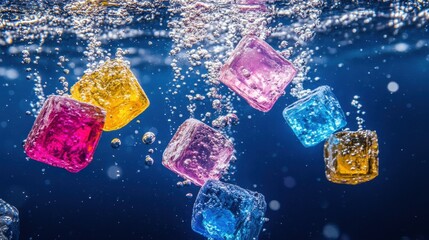 Sticker - Bright, colorful ice cubes underwater, surrounded by bubbles, against a deep blue background, creating a vibrant, dynamic scene