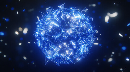 Wall Mural - luminous shattered sphere of azure light exploding in dark space abstract scifi background