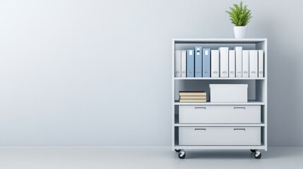 Wall Mural - Modern Minimalist Office Shelf with Organized Binders, Storage Boxes, and Indoor Plant against Soft Gray Wall