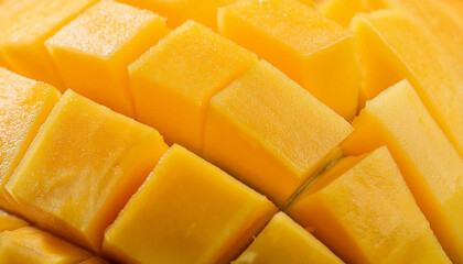 Fototapete - Detailed view of fresh mango slices, emphasizing their juicy texture and bright orange color. Perfect for healthy food, fruit salads, or tropical concepts. Texture, background.