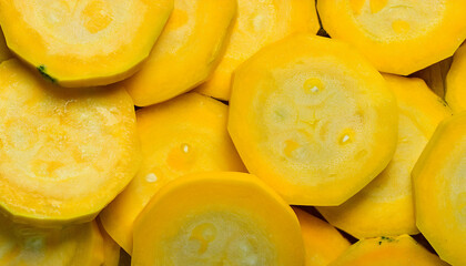 Fototapete - Detailed view of fresh yellow squash slices, highlighting their smooth texture and bright yellow color. Perfect for healthy food, salads, or vegetable concepts. Texture, background.