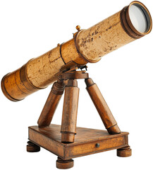 vintage telescope on wooden stand, isolated.