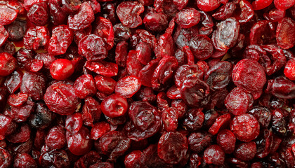 Fototapete - Repeating pattern of dried cranberries, highlighting their chewy texture and deep red color. Ideal for healthy snacks, baking, or festive themes. Texture, background.