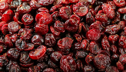 Fototapete - Repeating pattern of dried cranberries, highlighting their chewy texture and deep red color. Ideal for healthy snacks, baking, or festive themes. Texture, background.