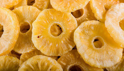 Fototapete - Repeating pattern of dried pineapple rings, highlighting their chewy texture and golden color. Perfect for tropical, healthy snacks, or natural food themes. Texture, background.