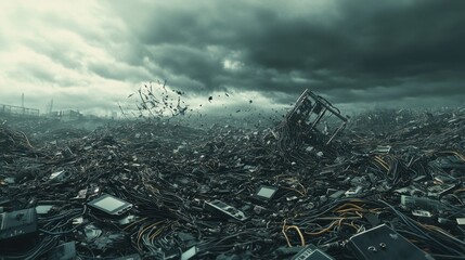 Sticker - Field covered with electronic debris, from broken gadgets to tangled wires, under a gloomy, cloudy sky