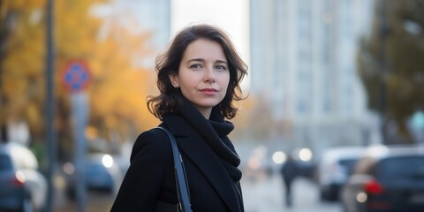 Wall Mural - A woman wearing a black coat and scarf stands on a city street. She is looking at the camera with a smile on her face. The street is busy with cars and people