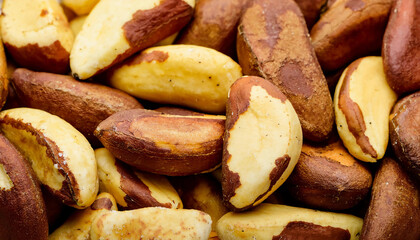 Fototapete - Background featuring Brazil nuts texture, showcasing their rough surface and earthy tones. Ideal for healthy snacks, baking, or natural food concepts. Texture, background.